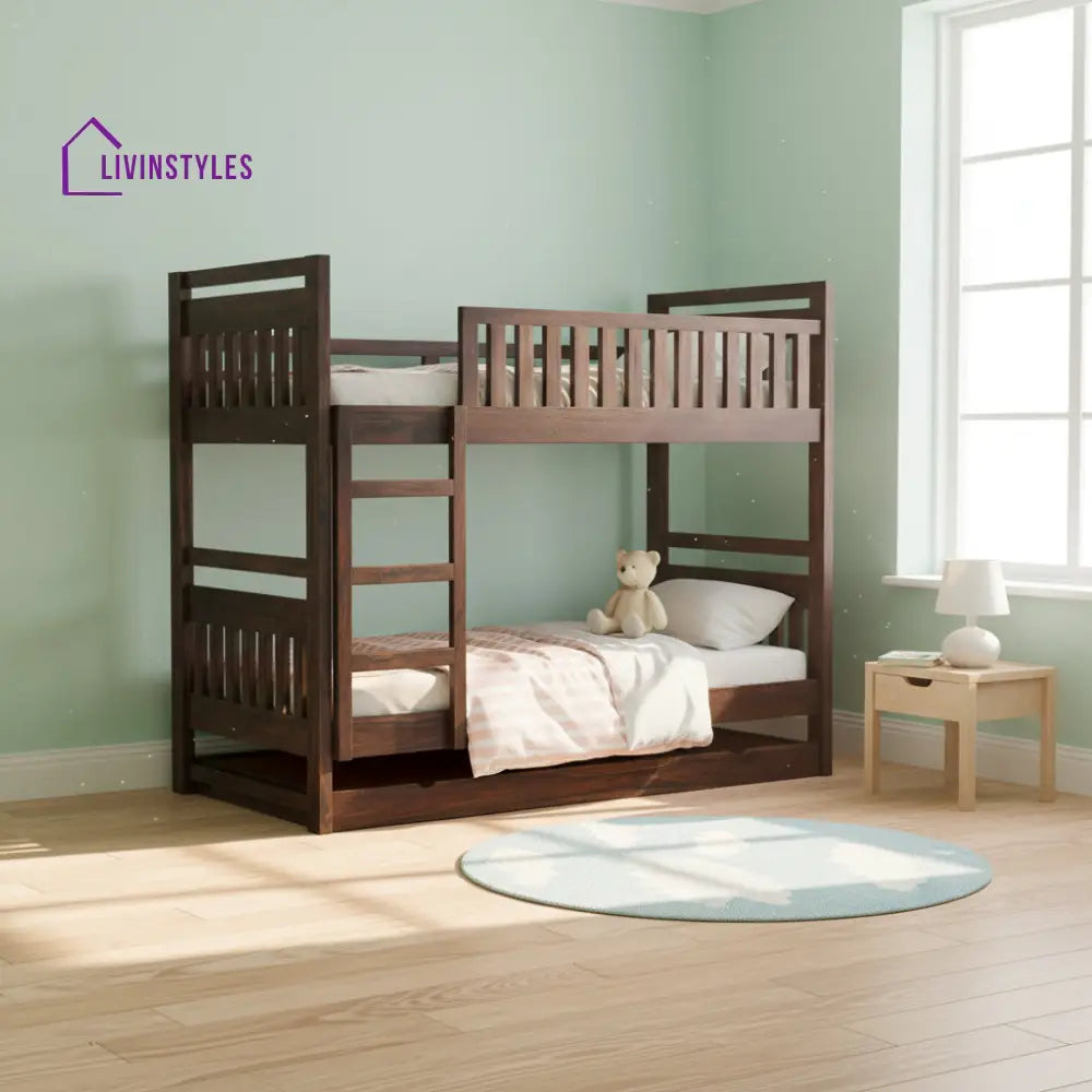 Teresa Solid Sheesham Wood Bunk Bed With Ladder & Trundle Bed Bunk Bed
