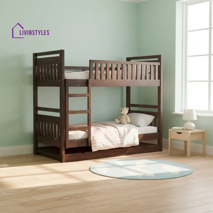 Teresa Solid Sheesham Wood Bunk Bed With Ladder & Trundle Bed Bunk Bed