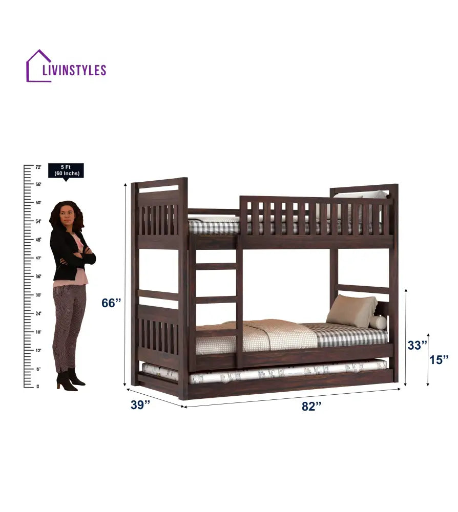 Teresa Solid Sheesham Wood Bunk Bed With Ladder & Trundle Bed Bunk Bed