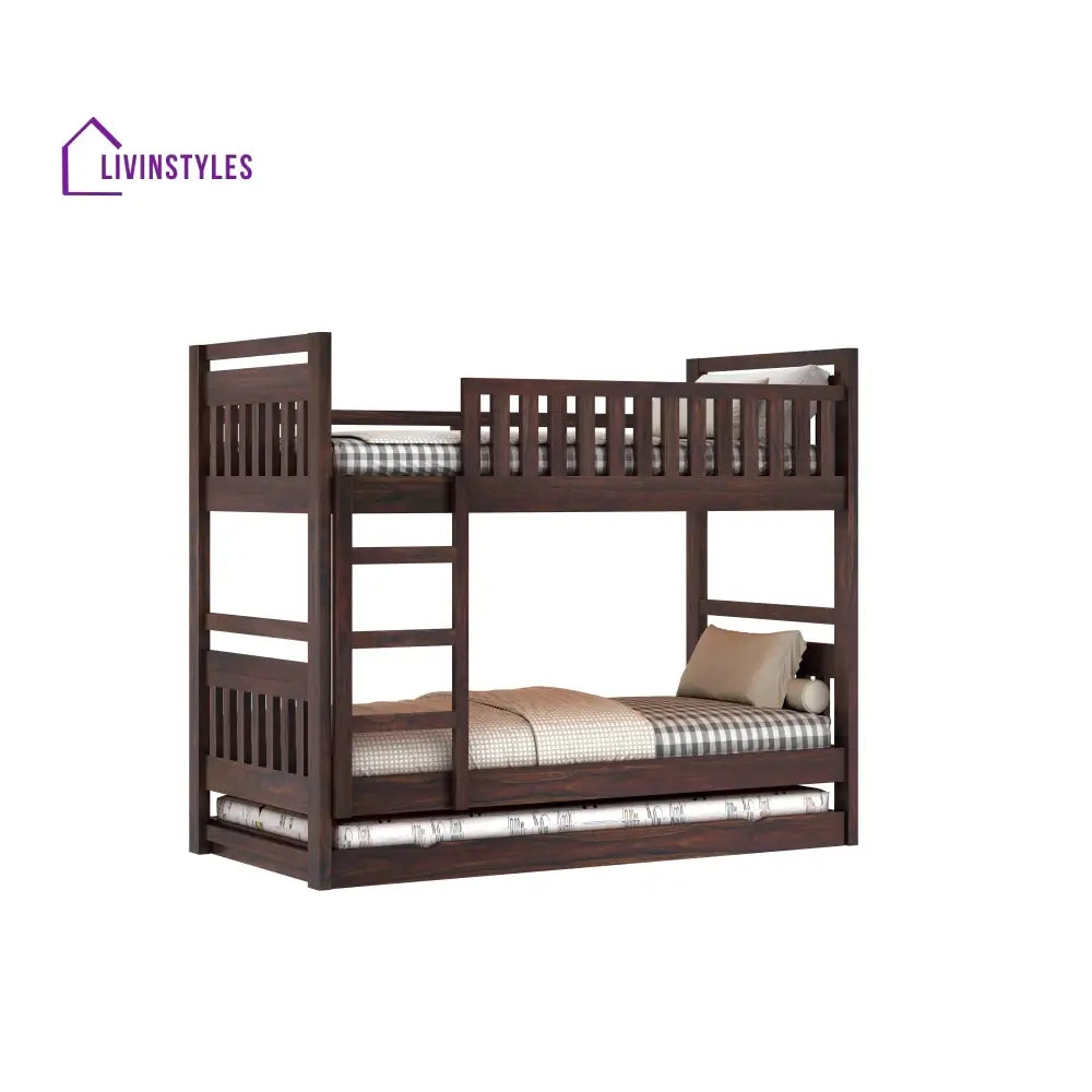 Teresa Solid Sheesham Wood Bunk Bed With Ladder & Trundle Bed Bunk Bed