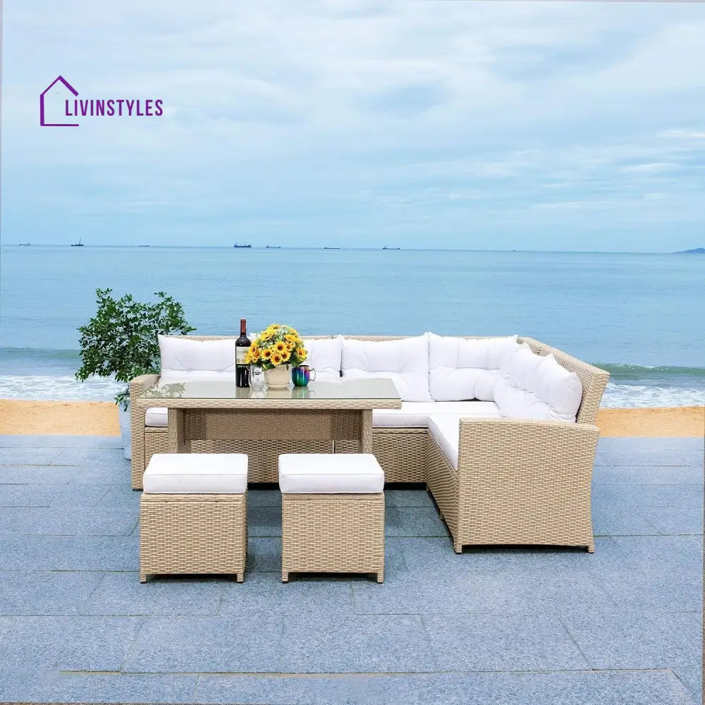 Tereza 5-Piece Wicker Patio Conversation Set (Beige/White) - Sofa Set