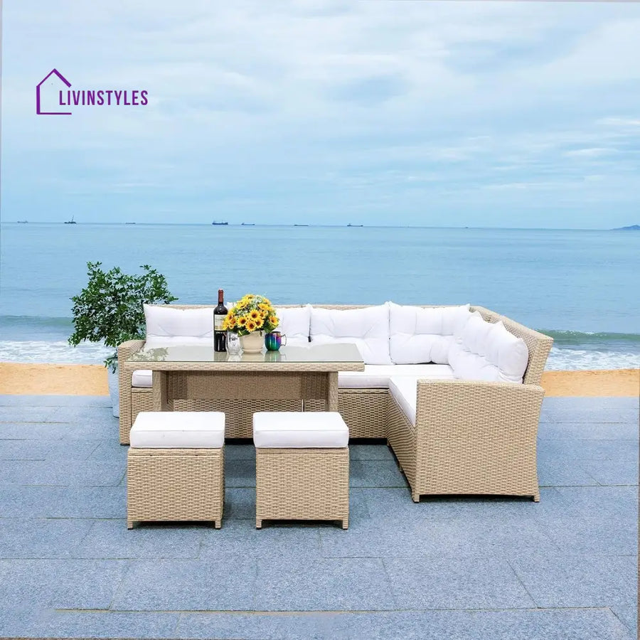 Tereza 5-Piece Wicker Patio Conversation Set (Beige/White) - Sofa Set