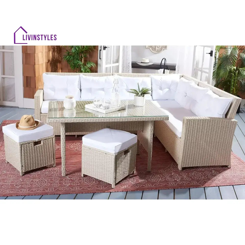 Tereza 5-Piece Wicker Patio Conversation Set (Beige/White) - Sofa Set