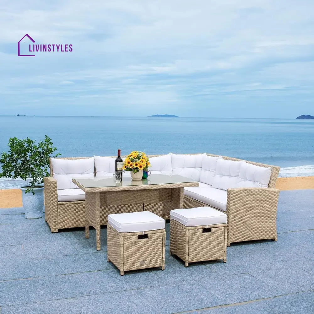 Tereza 5-Piece Wicker Patio Conversation Set (Beige/White) - Sofa Set