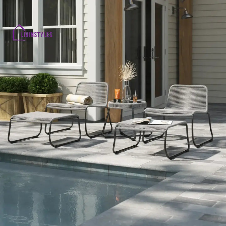 Teufel Outdoor Patio Seating Set 2 Chairs 2 Footrest and 1 Table Set Braided & Rope Grey - Coffee Table Sets