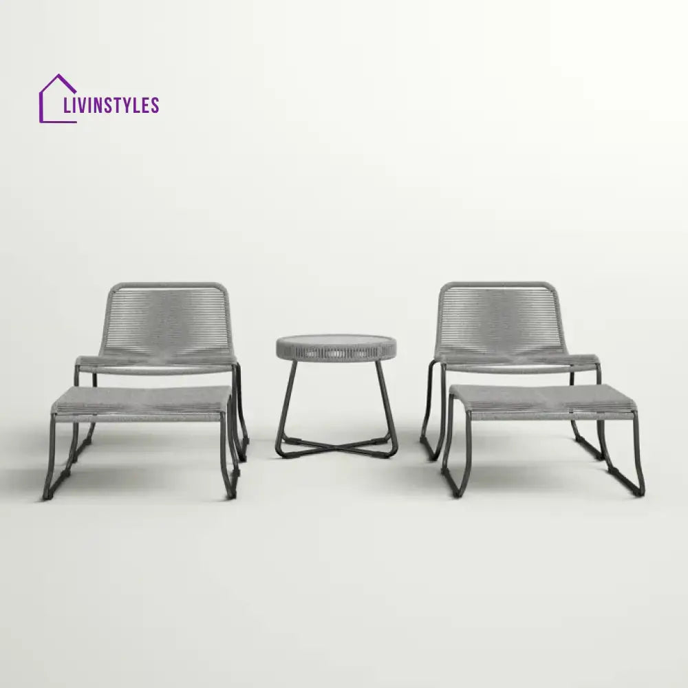 Teufel Outdoor Patio Seating Set 2 Chairs 2 Footrest and 1 Table Set Braided & Rope Grey - Coffee Table Sets