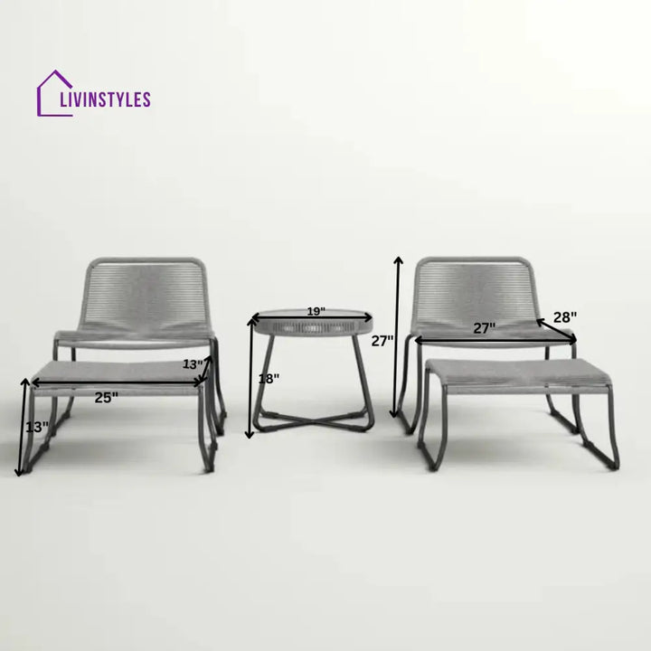 Teufel Outdoor Patio Seating Set 2 Chairs 2 Footrest and 1 Table Set Braided & Rope Grey - Coffee Table Sets