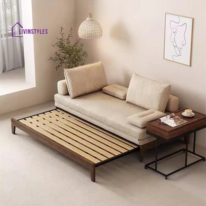 Japandi Movable Back Cushions Pull Out Sofa Bed 180CM/70.9INCH / GREY(COTTON LINEN FABRIC) / Walnut Frame SOFA BED