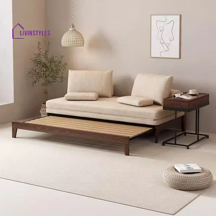 Japandi Movable Back Cushions Pull Out Sofa Bed 180CM/70.9INCH / KHAKI(COTTON LINEN FABRIC) / Walnut Frame SOFA BED