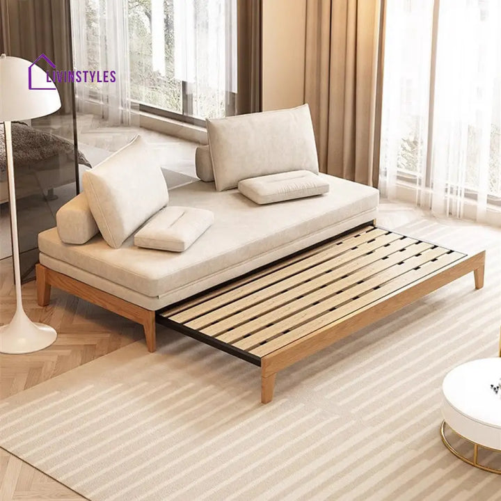 Japandi Movable Back Cushions Pull Out Sofa Bed 180CM/70.9INCH / KHAKI(COTTON LINEN FABRIC) / Natural Frame SOFA BED