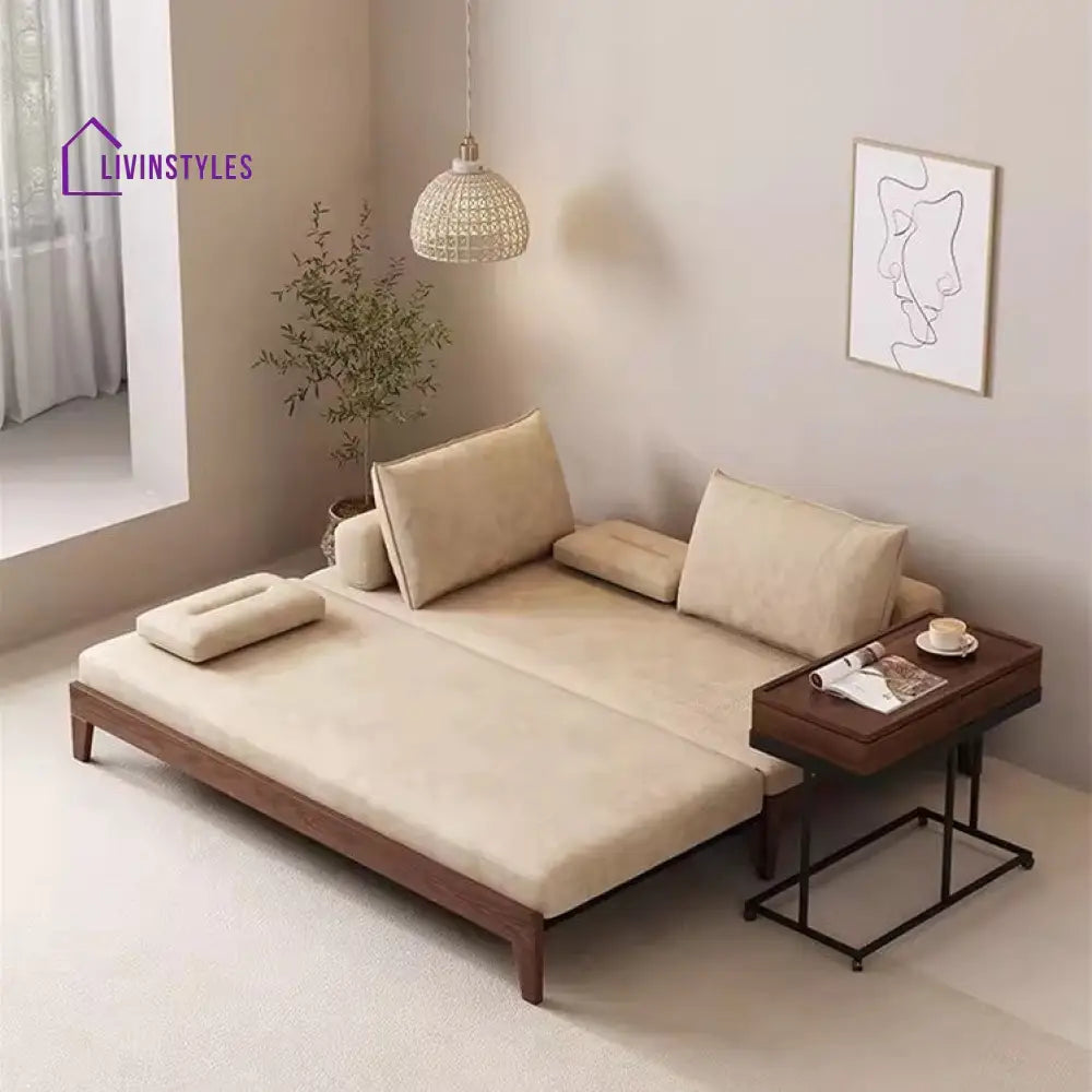 Japandi Movable Back Cushions Pull Out Sofa Bed 150CM/59.1INCH / GREY(COTTON LINEN FABRIC) / Walnut Frame SOFA BED