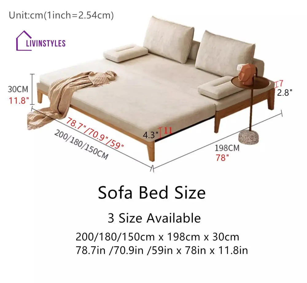 Japandi Movable Back Cushions Pull Out Sofa Bed 200CM/78.7INCH / GREY(COTTON LINEN FABRIC) / Natural Frame SOFA BED