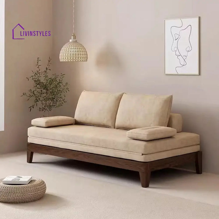 Japandi Movable Back Cushions Pull Out Sofa Bed 150CM/59.1INCH / KHAKI(COTTON LINEN FABRIC) / Walnut Frame SOFA BED