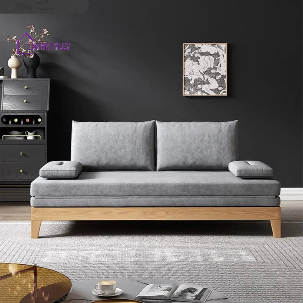 Japandi Movable Back Cushions Pull Out Sofa Bed 150CM/59.1INCH / GREY(COTTON LINEN FABRIC) / Natural Frame SOFA BED