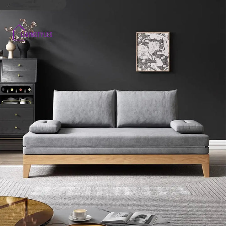 Japandi Movable Back Cushions Pull Out Sofa Bed 150CM/59.1INCH / GREY(COTTON LINEN FABRIC) / Natural Frame SOFA BED