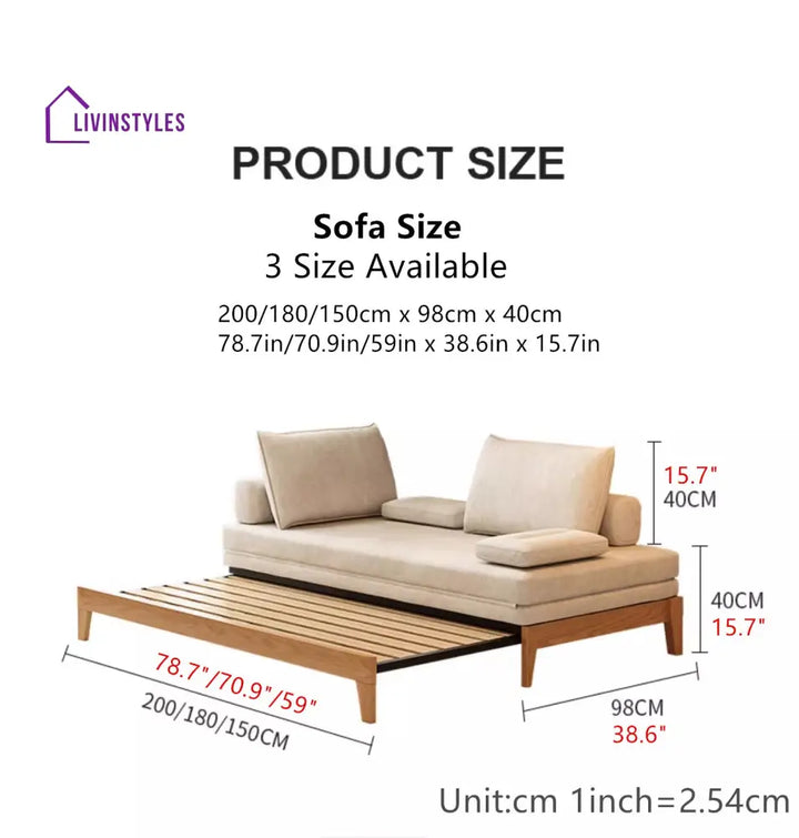 Japandi Movable Back Cushions Pull Out Sofa Bed 200CM/78.7INCH / KHAKI(COTTON LINEN FABRIC) / Natural Frame SOFA BED