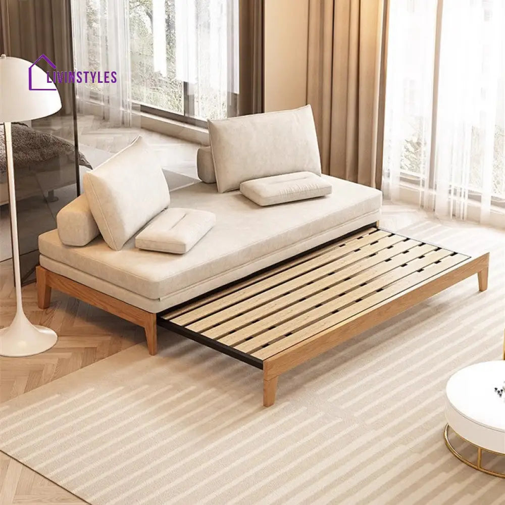 Japandi Movable Back Cushions Pull Out Sofa Bed 180CM/70.9INCH / KHAKI(COTTON LINEN FABRIC) / Natural Frame SOFA BED