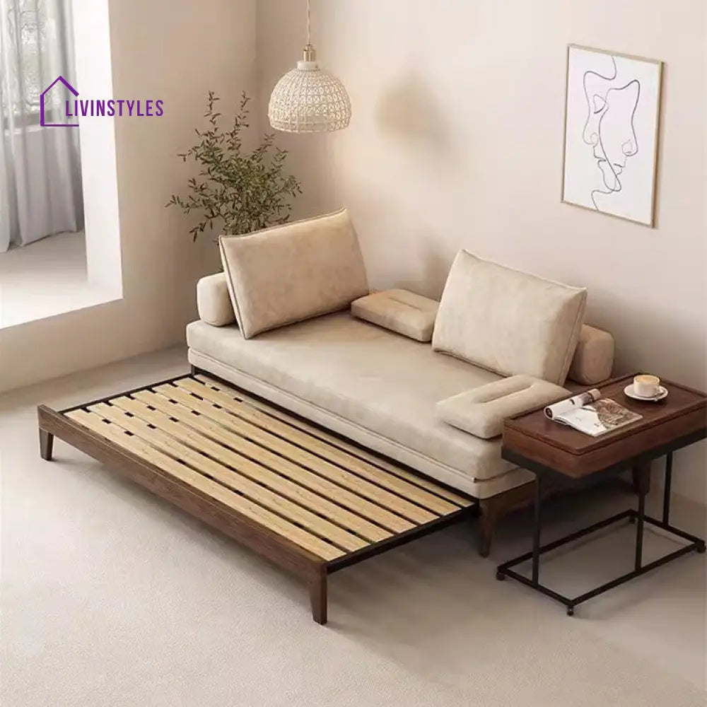 Japandi Movable Back Cushions Pull Out Sofa Bed 180CM/70.9INCH / GREY(COTTON LINEN FABRIC) / Walnut Frame SOFA BED