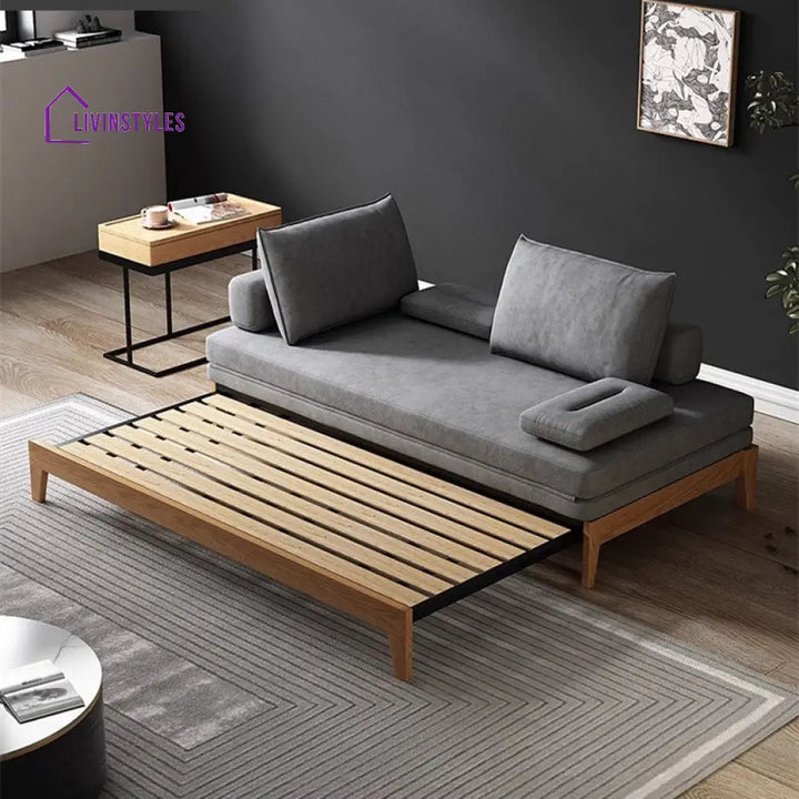 Japandi Movable Back Cushions Pull Out Sofa Bed 180CM/70.9INCH / GREY(COTTON LINEN FABRIC) / Natural Frame SOFA BED