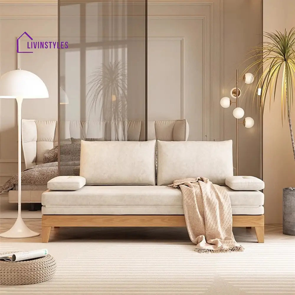 Japandi Movable Back Cushions Pull Out Sofa Bed 150CM/59.1INCH / KHAKI(COTTON LINEN FABRIC) / Natural Frame SOFA BED