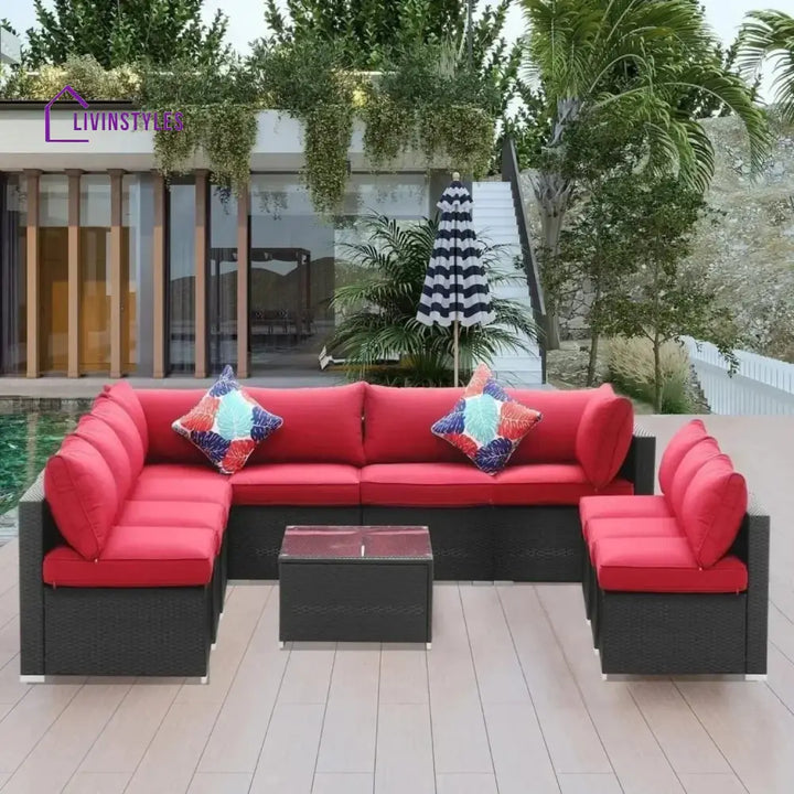Thanaa Outdoor Garden Conversation Sofa Set (Black/Red) - Sofa Set