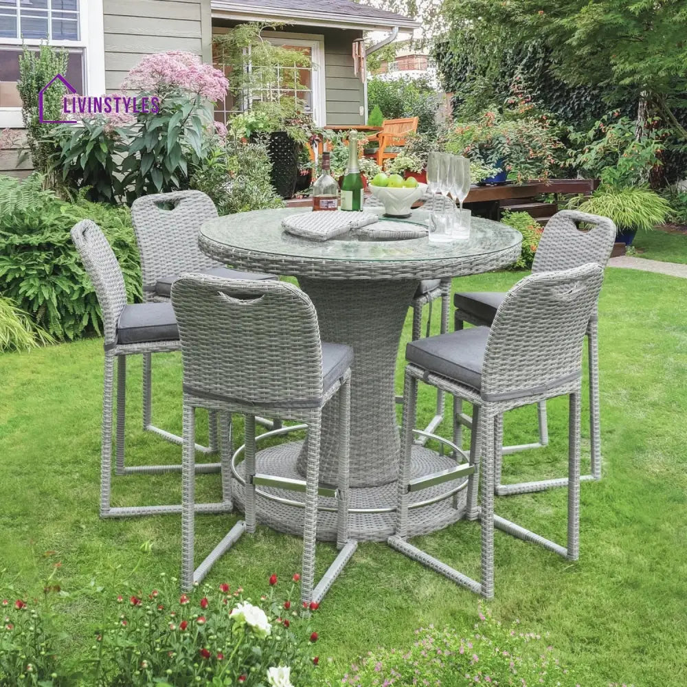 Thandi 7-Piece Outdoor Rattan Wicker Bar Set with Round Glass Top Table - Bar Set