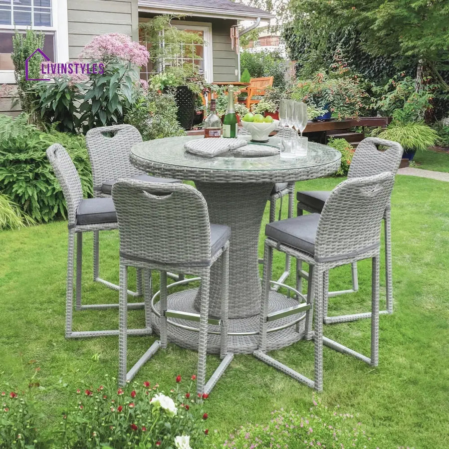 Thandi 7-Piece Outdoor Rattan Wicker Bar Set with Round Glass Top Table - Bar Set