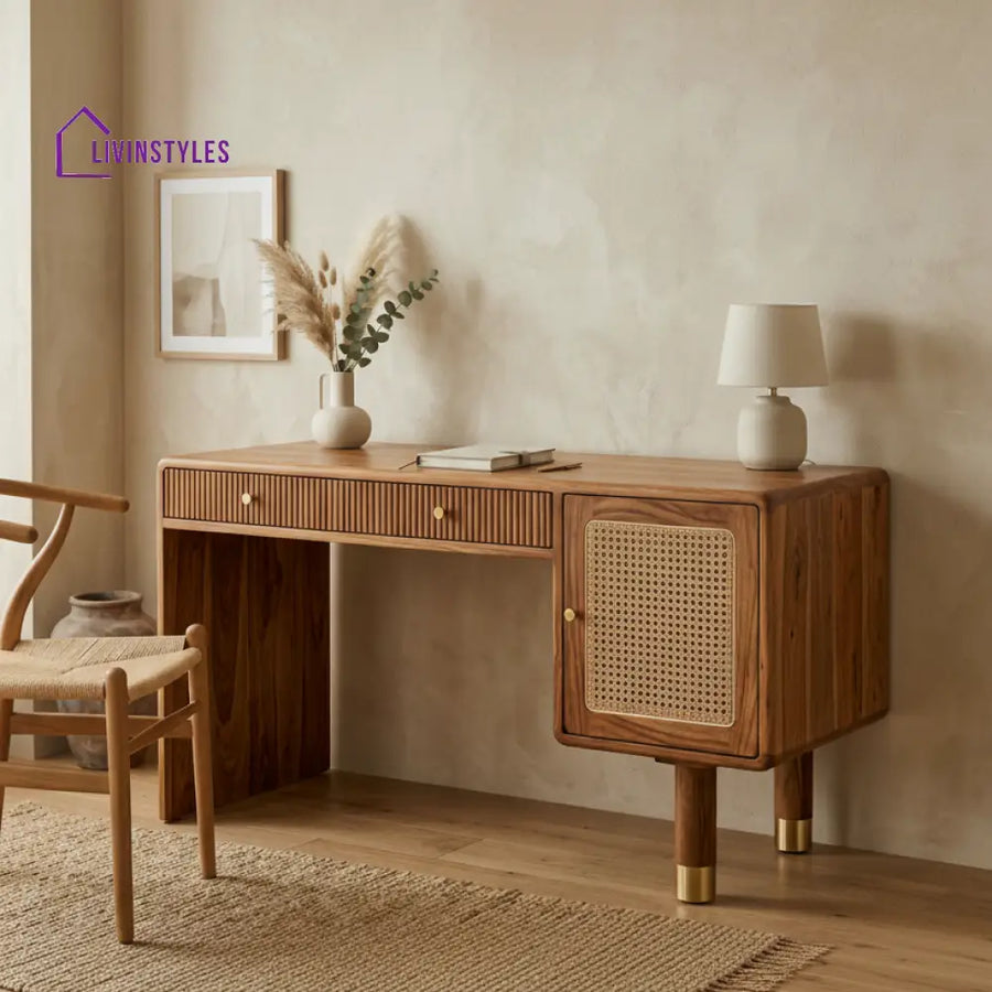 Thao Modern Designer Sheesham Wood Study Table with Cane Accents & Drawer Storage