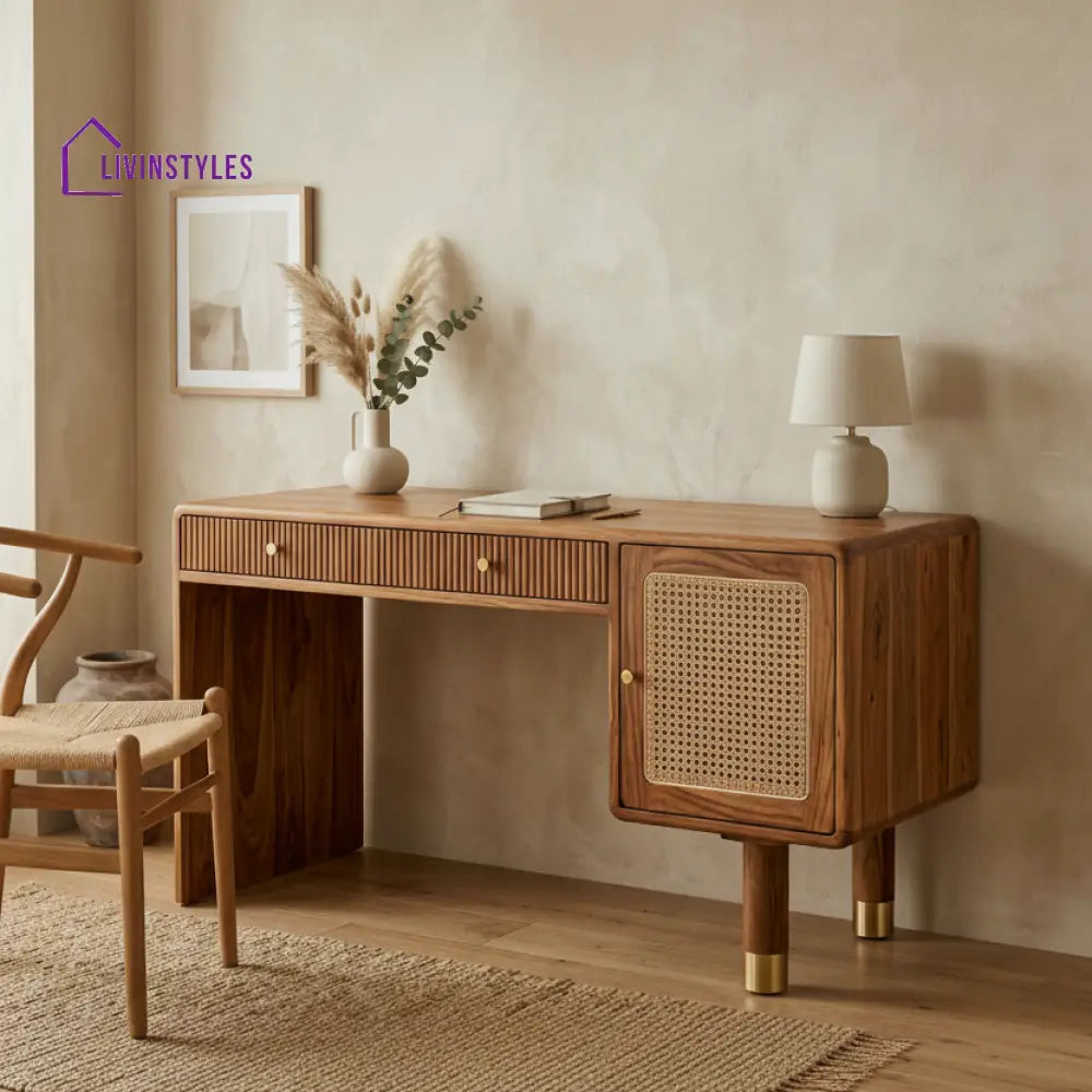 Thao Modern Designer Sheesham Wood Study Table with Cane Accents & Drawer Storage