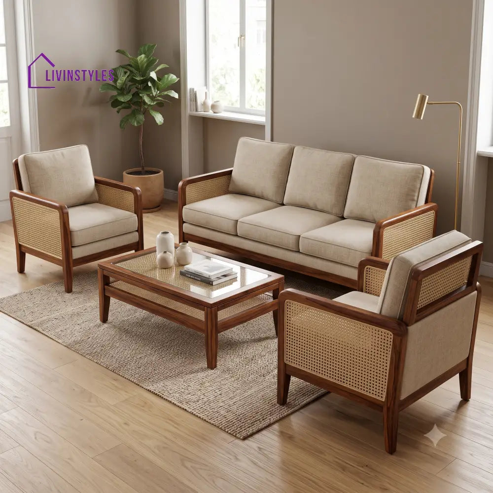Tharani Wooden Sofa Set | 3 + 1 + 1 Sheesham Wood Sofa Set for Living Room