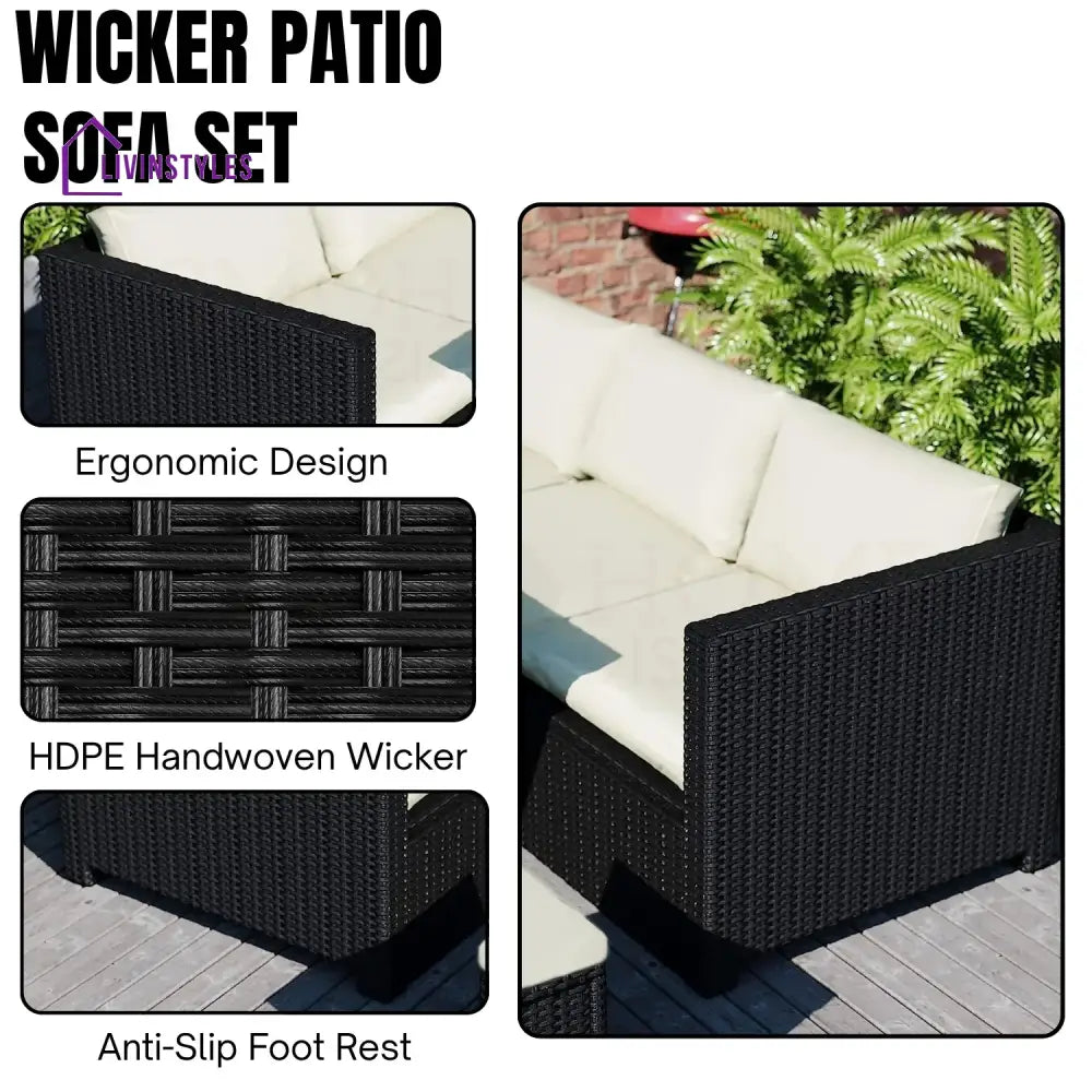 Thea 6-Piece Outdoor Wicker Patio Dining Set – Black/Cream - Sofa Set
