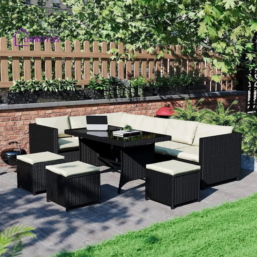 Thea 6-Piece Outdoor Wicker Patio Dining Set – Black/Cream - Sofa Set