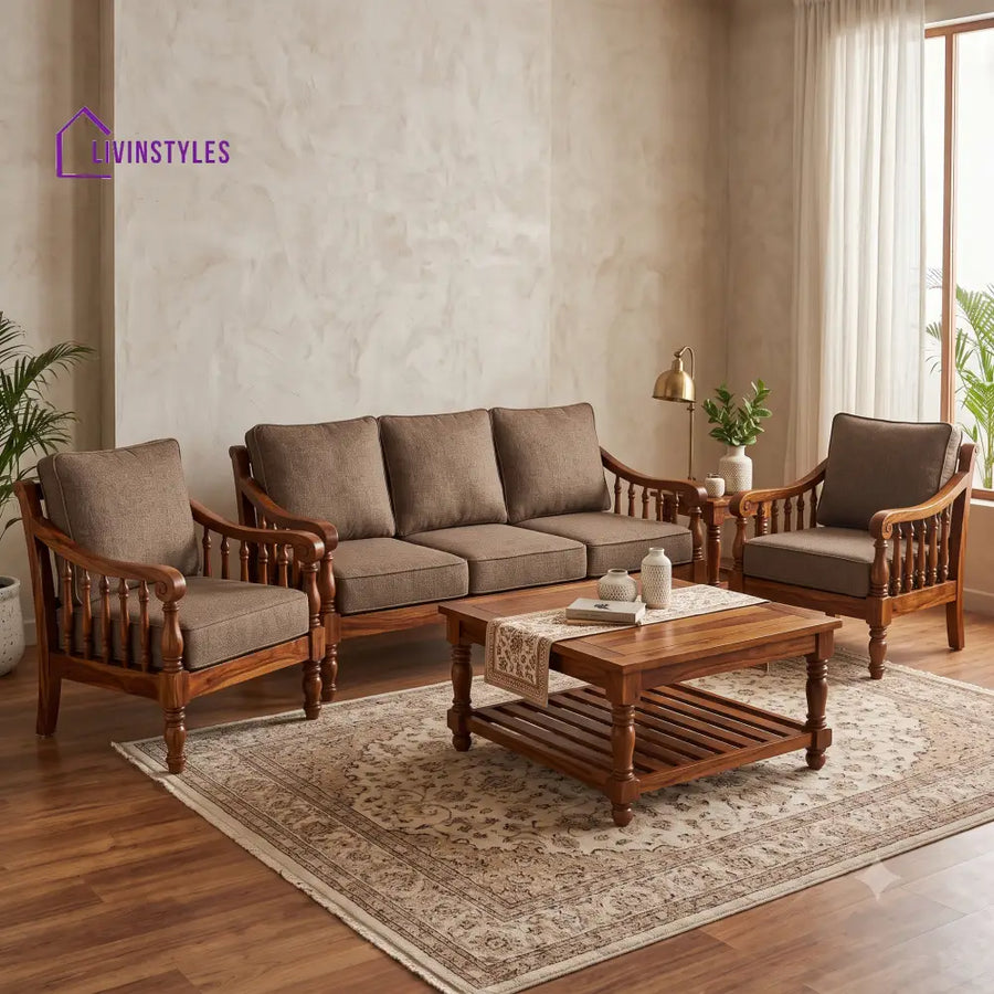 Thenmozhi Wooden Sofa Set | 3 + 1 + 1 Sheesham Wood Sofa Set for Living Room