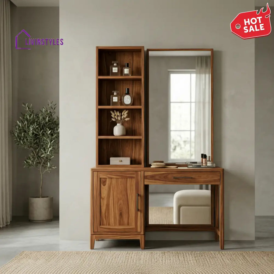 Theo Sheesham Wood Dressing Table with Mirror and Storage (Honey Finish)