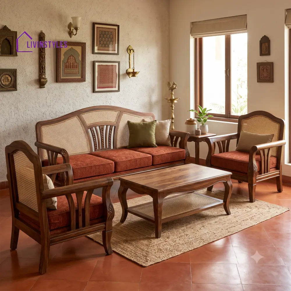 Thilaga Wooden Sofa Set | 3 + 1 + 1 Sheesham Wood Sofa Set for Living Room