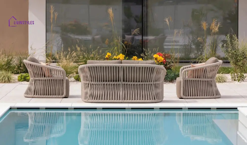 Thoma Outdoor Garden Balcony Sofa Set 2 Seater 2 Single Seater 1 Center Table Set Braid & Rope (Beige) - Sofa Sets