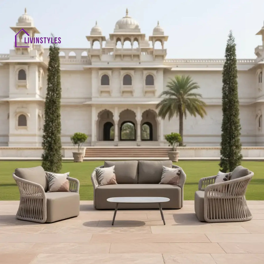 Thoma Outdoor Garden Balcony Sofa Set 2 Seater 2 Single Seater 1 Center Table Set Braid & Rope (Beige) - Sofa Sets