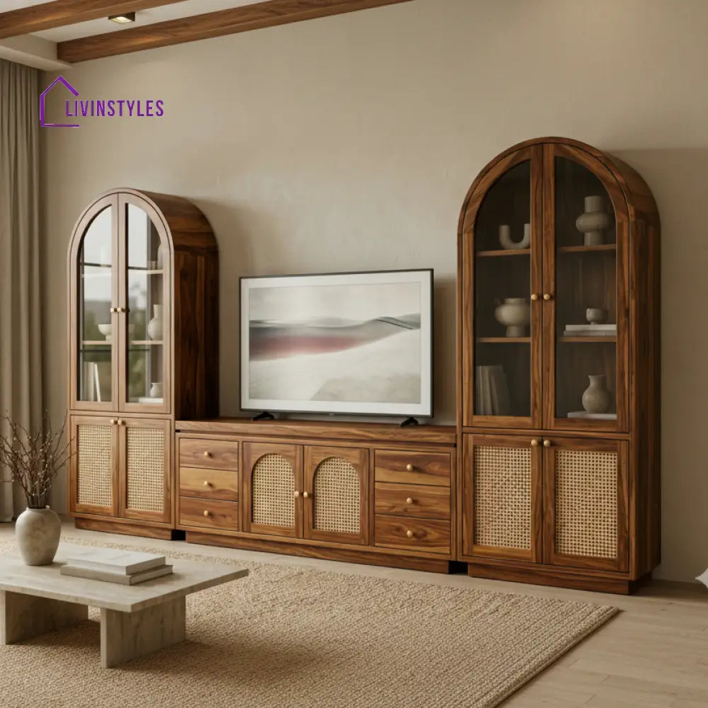 Thomas Premium Solid Wood TV Unit with Cane Panel Cabinet