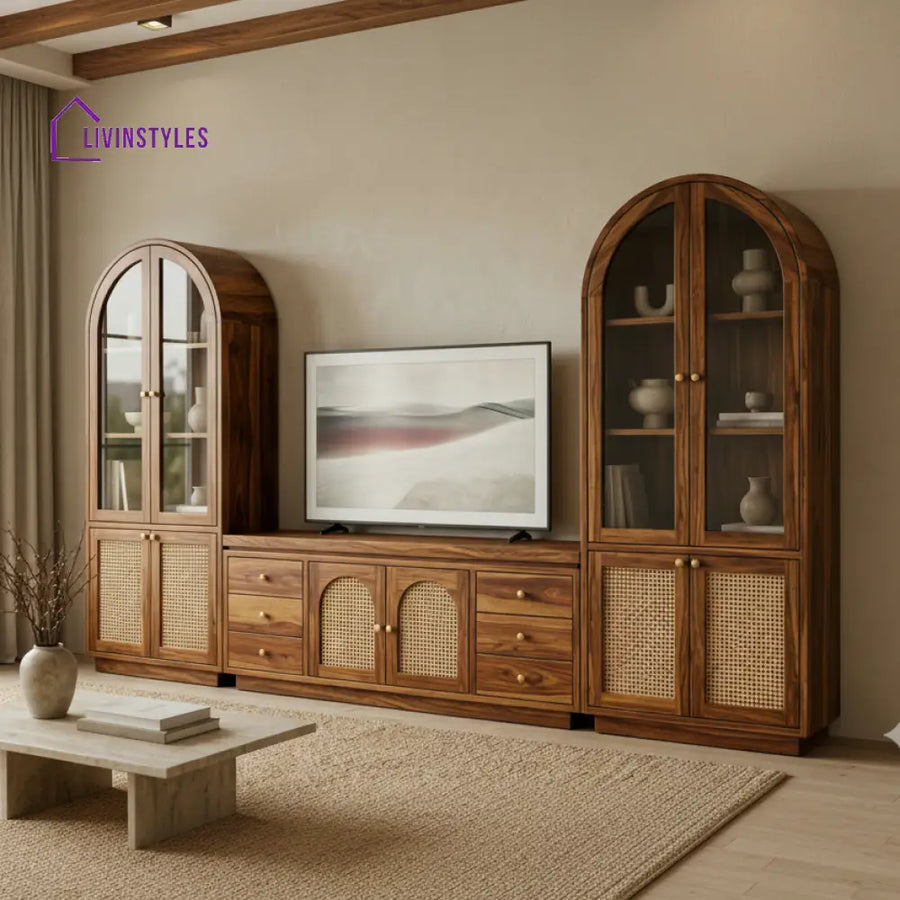 Thomas Premium Solid Wood TV Unit with Cane Panel Cabinet