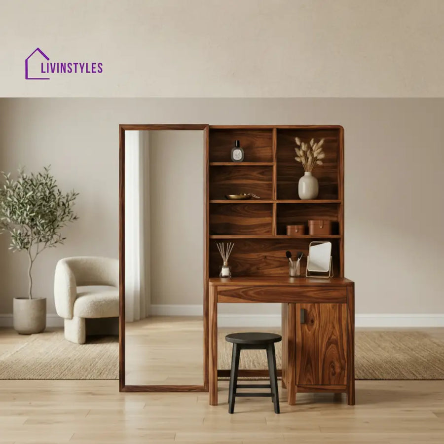 Thomas Sheesham Wood Dressing Table with Mirror and Storage (Honey Finish)