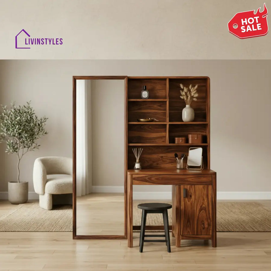 Thomas Sheesham Wood Dressing Table with Mirror and Storage (Honey Finish)