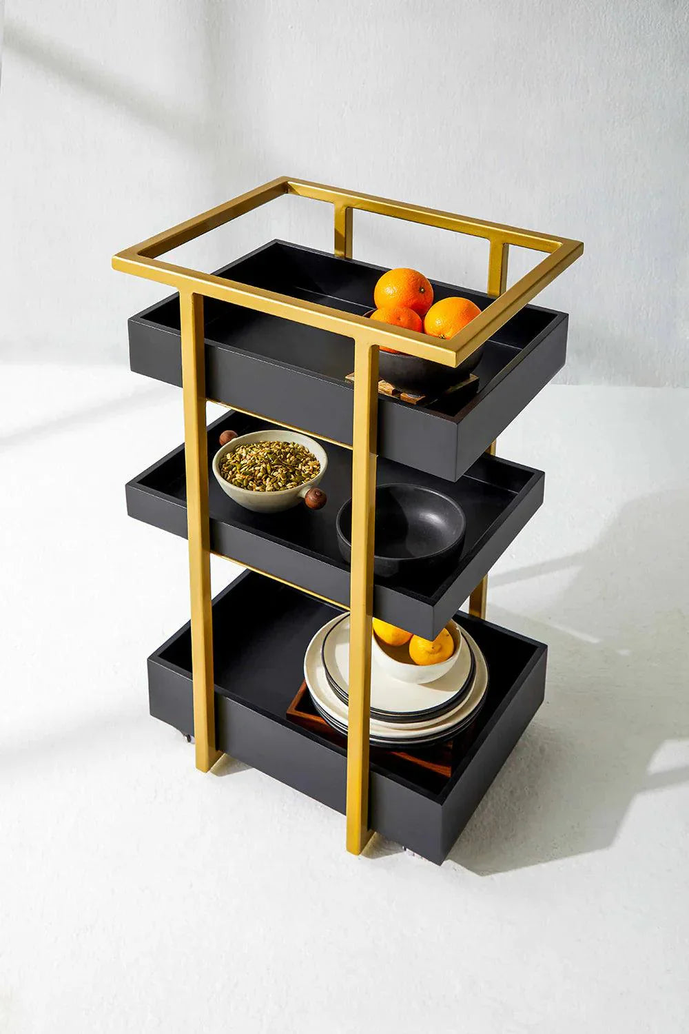 Anatolii Three Level Bar Trolley Black & Gold / Sheesham Wood Bar Furniture