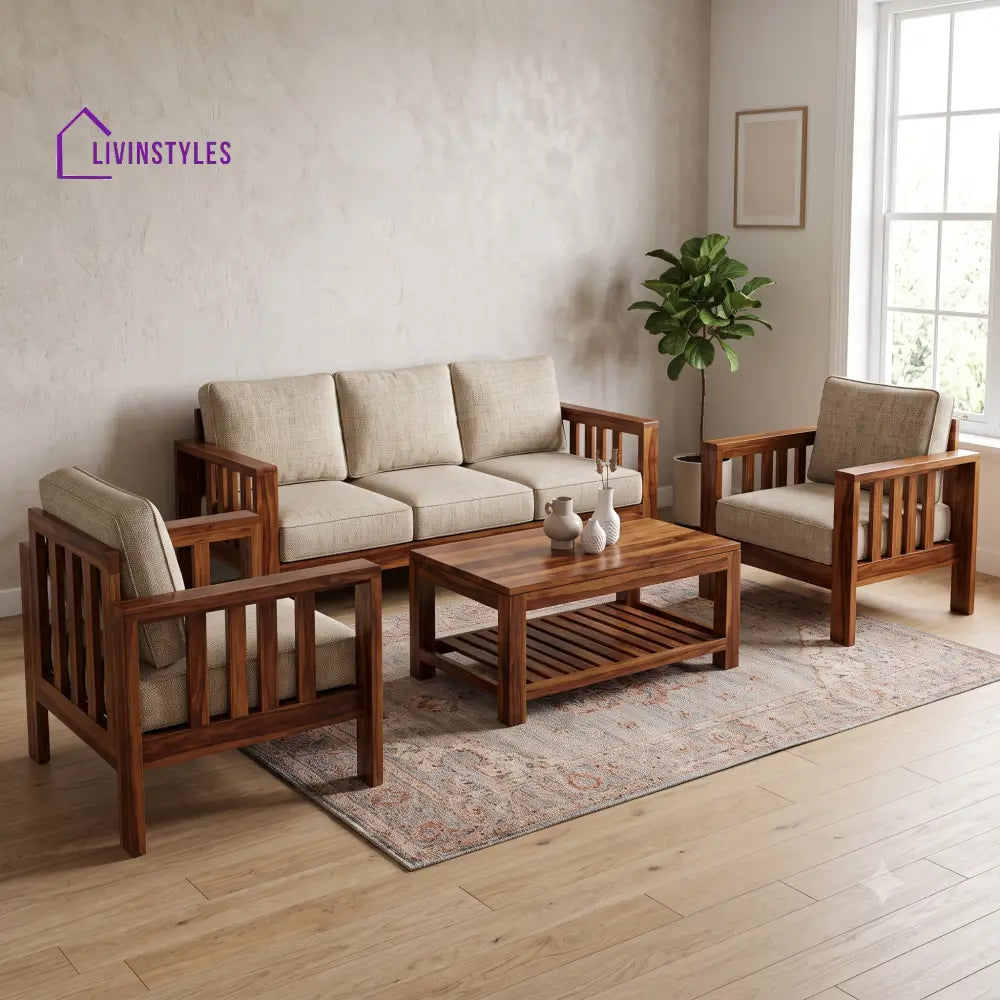 Thulasi Wooden Sofa Set | 3 + 1 + 1 Sheesham Wood Sofa Set for Living Room
