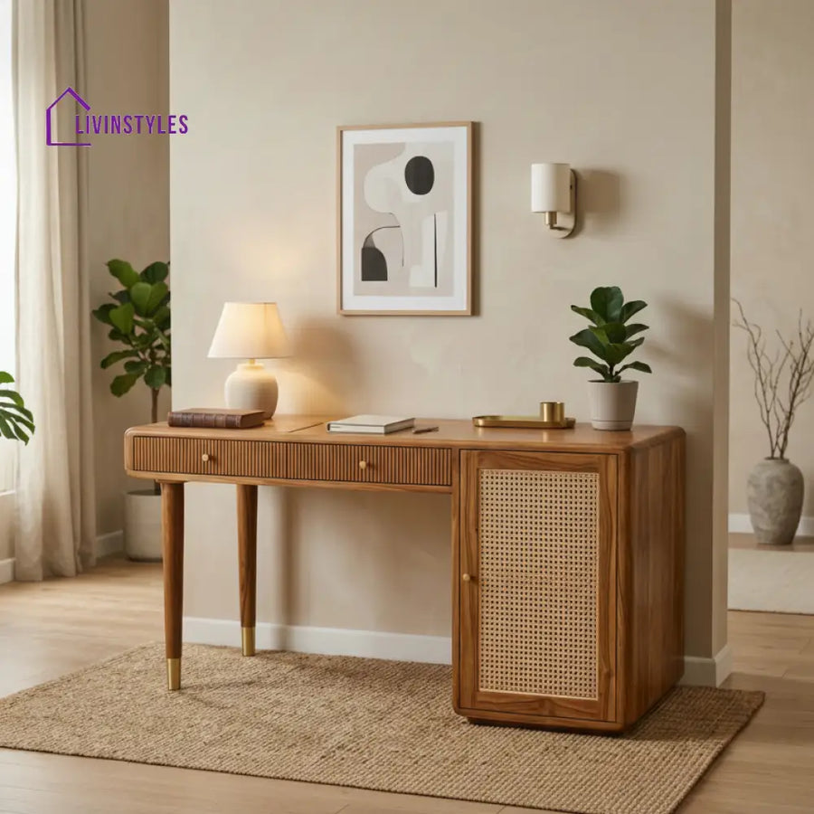 Thuy Modern Designer Sheesham Wood Study Table with Cane Accents & Drawer Storage