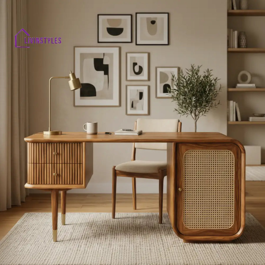 Tien Modern Designer Sheesham Wood Study Table with Cane Accents & Drawer Storage