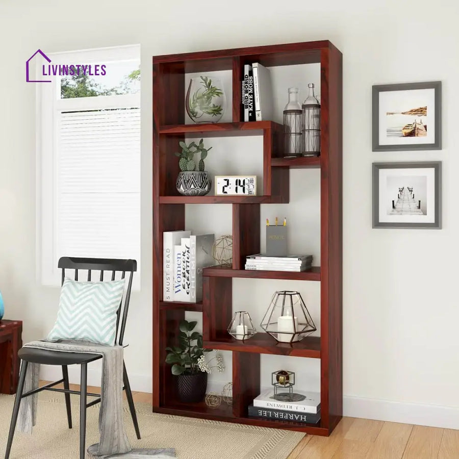 Nismaaya Adli Contemporary Open Shelf Solid Wood Geometric Bookcase