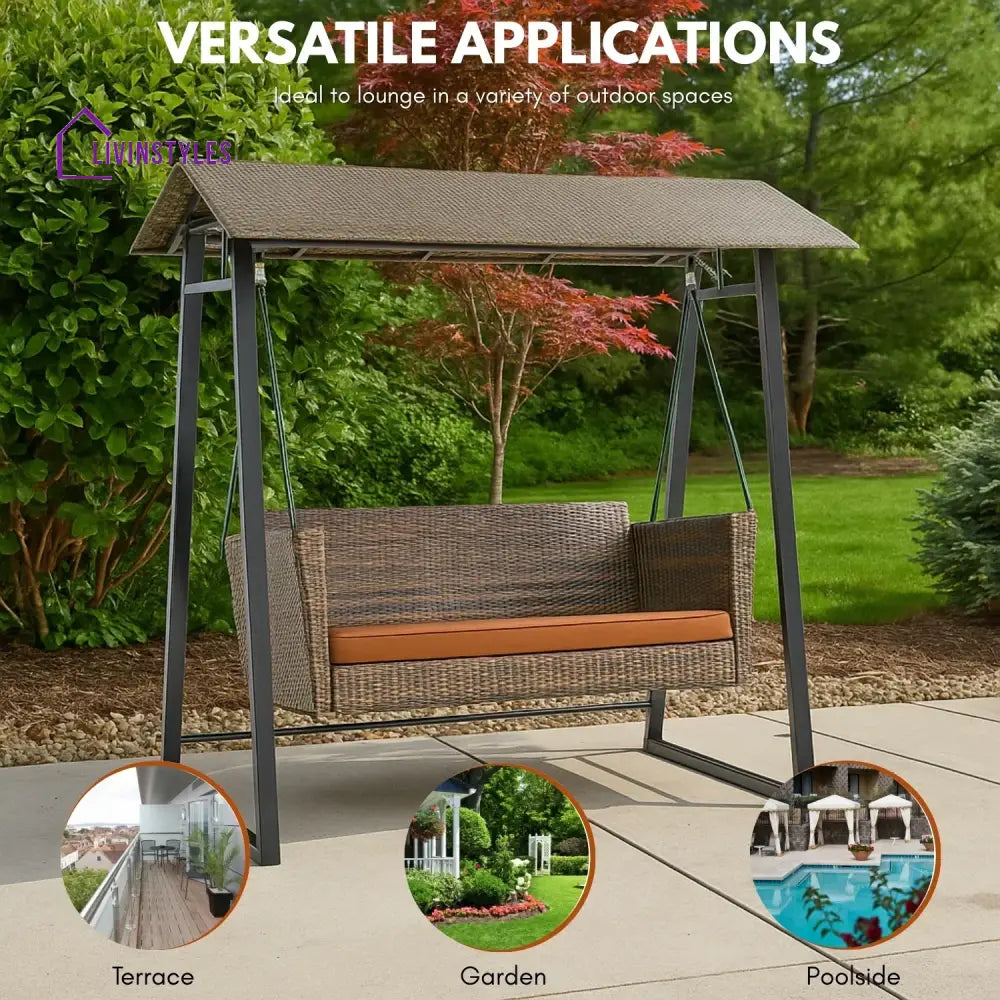 Tigist All Weather Wicker 2-Seat Patio Swing Chair with Shade & Cushions - Swing
