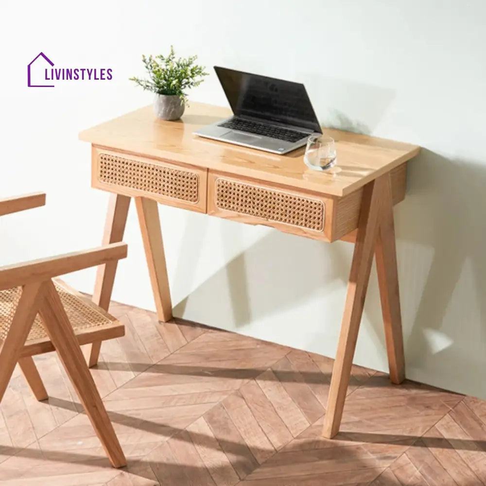 Enric Solid Ash Wood & Rattan Study Table