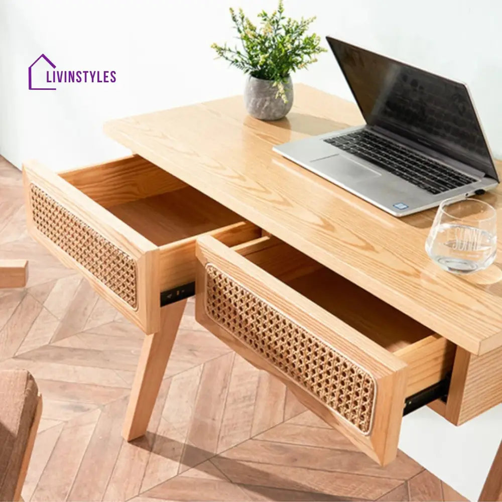 Enric Solid Ash Wood & Rattan Study Table
