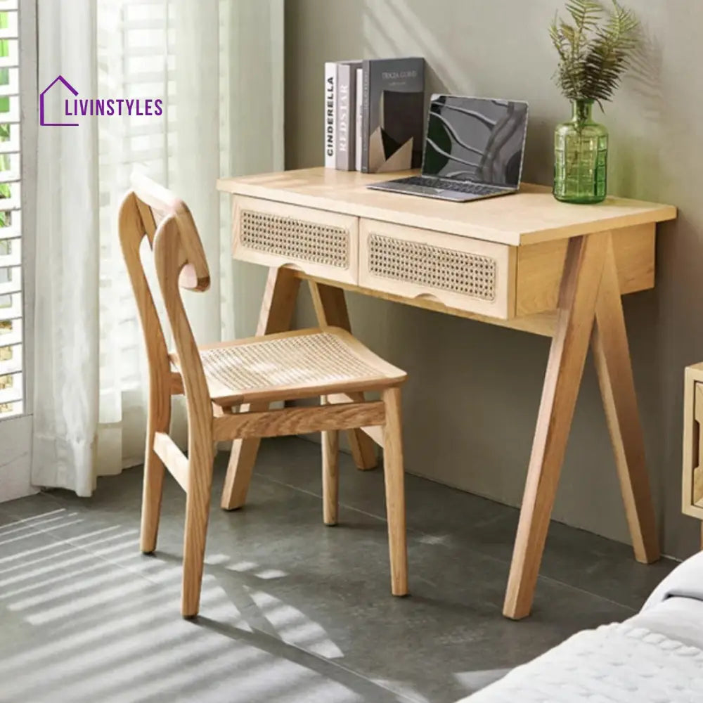 Enric Solid Ash Wood & Rattan Study Table Ash Wood Natural Finish